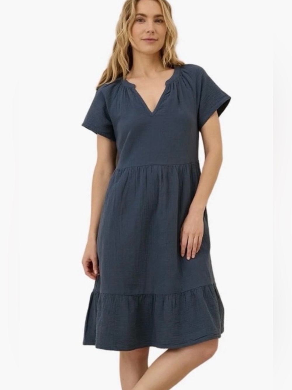 Pact Women’s Organic Cotton French Coastal Dress Navy Tiered Gauze Tie XS